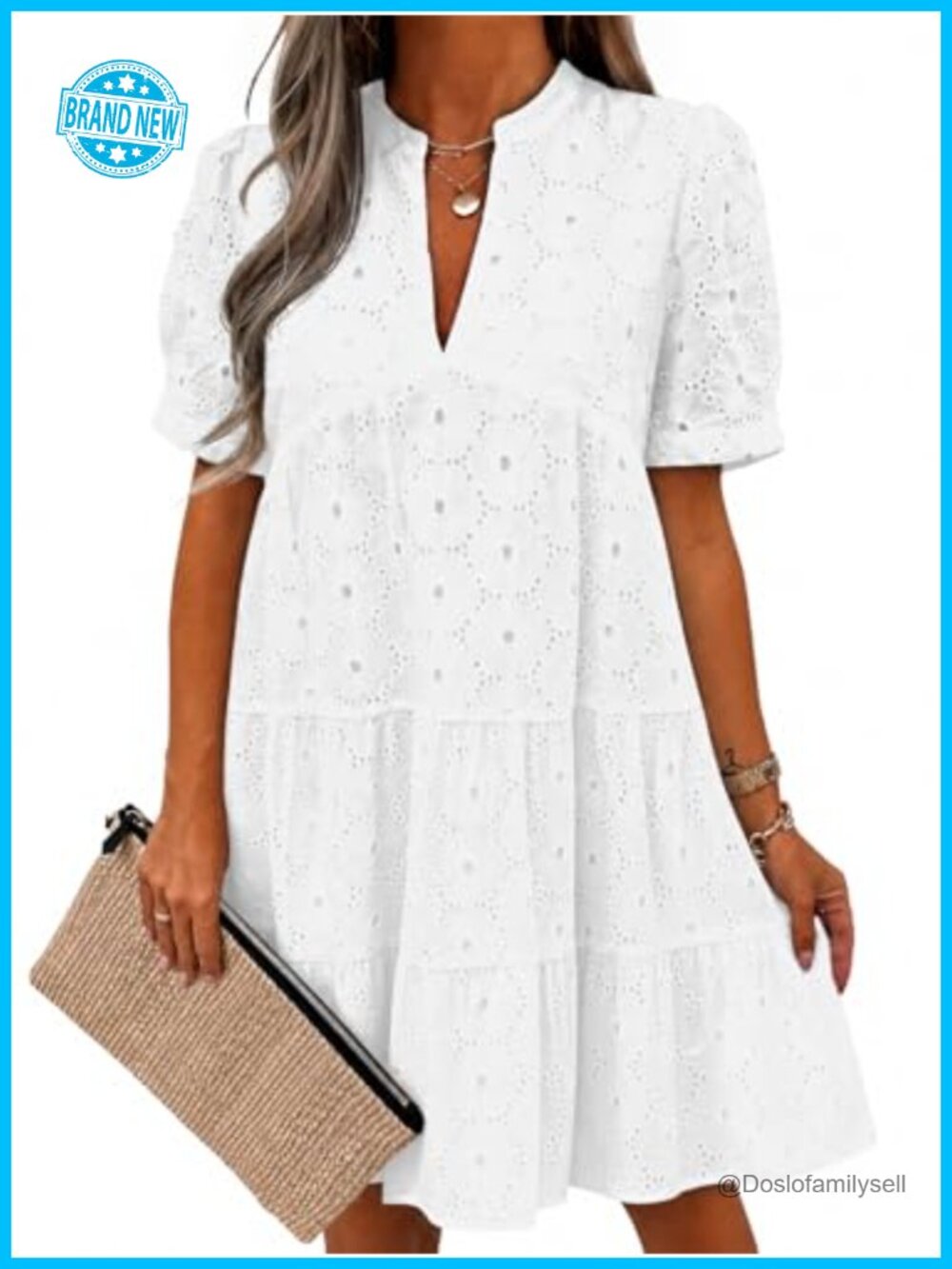 Womens Lace Eyelet Babydoll Dress Short Sleeve V-Neck Flowy Summer Mini